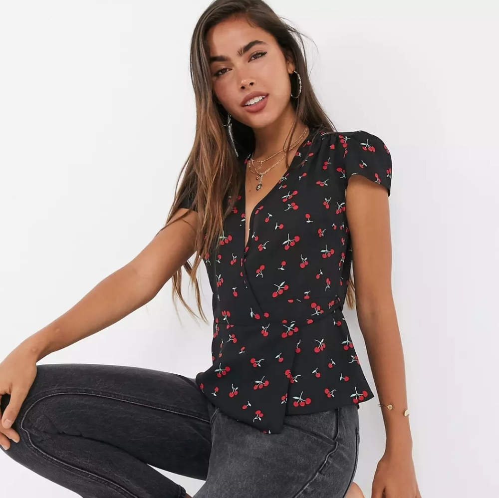 ASOS DESIGN cap sleeve wrap top in cherry print